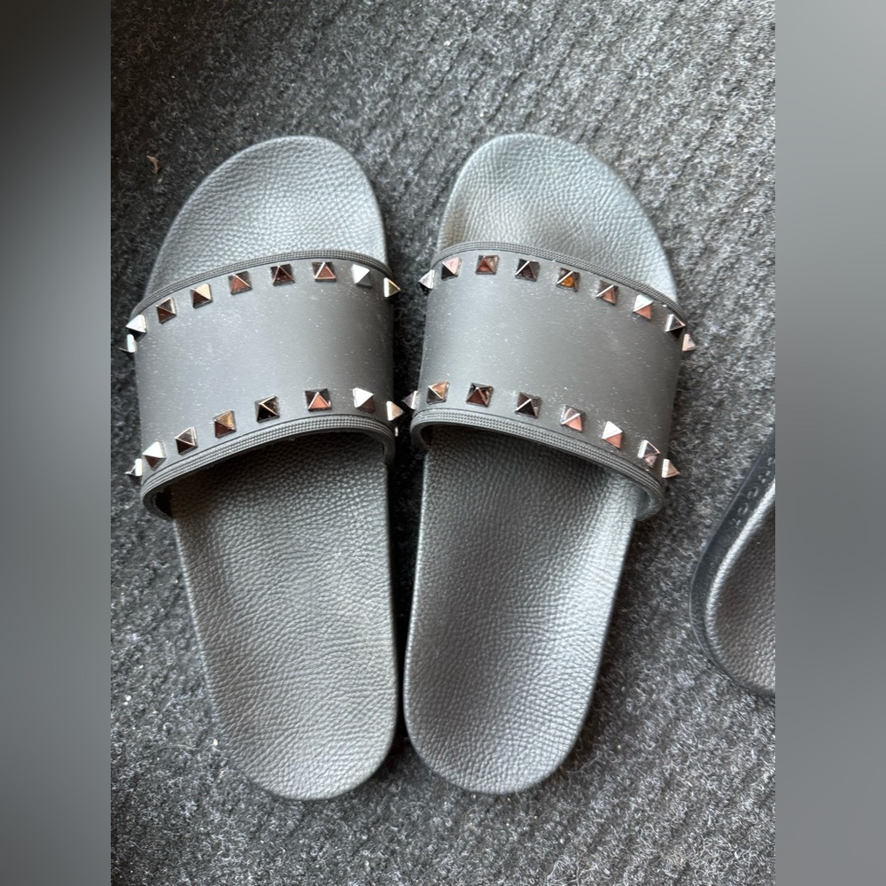 Valentino Studded Gray Slide Sandals